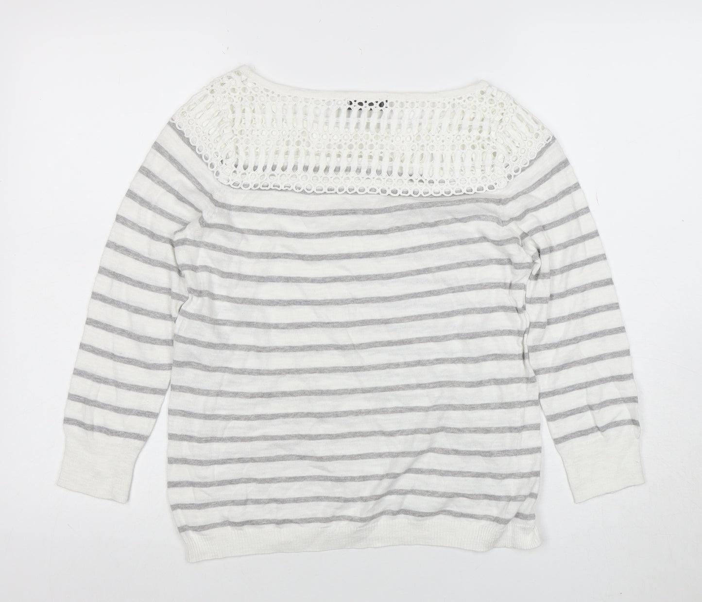 Mint Velvet Women’s Grey Striped Crochet Knit Cotton Jumper Size 8