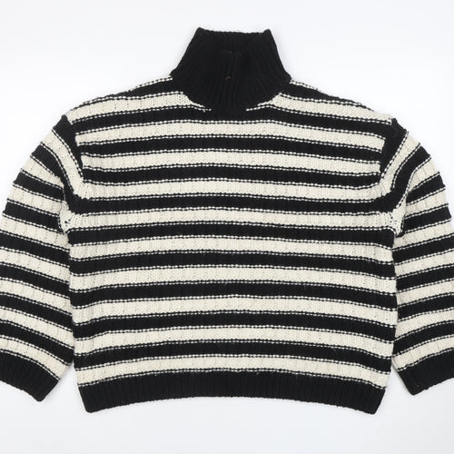 H&M Women’s Black White Striped Roll Neck Chunky Knit Jumper Size L