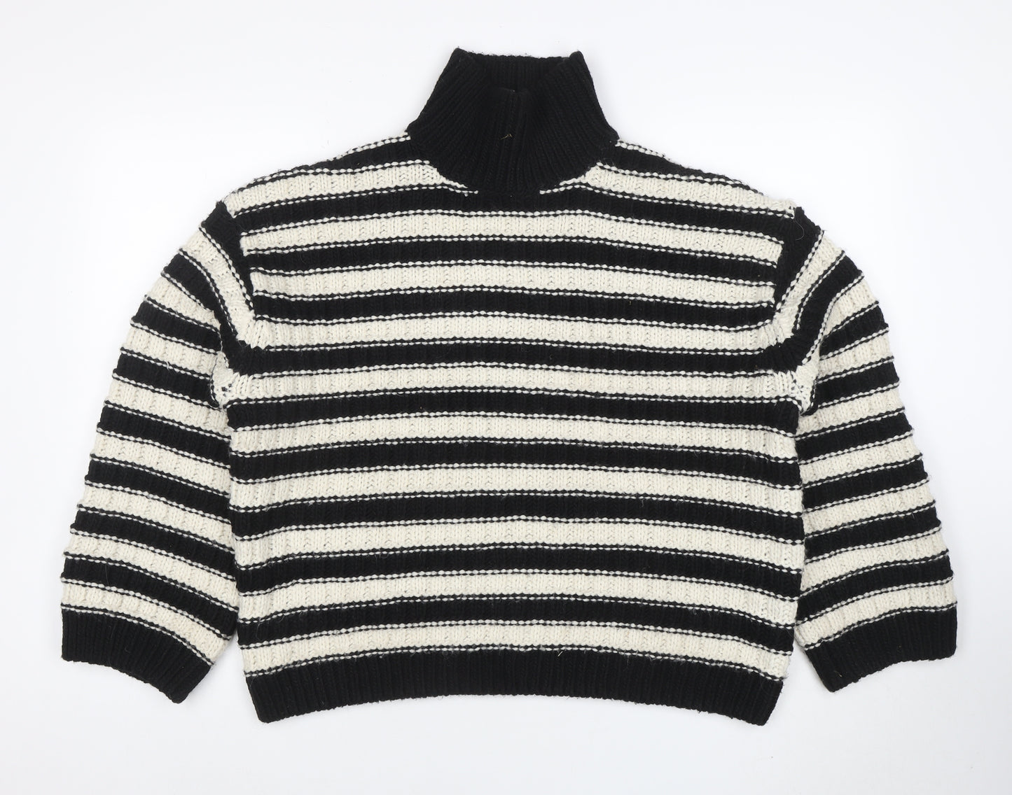 H&M Women’s Black White Striped Roll Neck Chunky Knit Jumper Size L