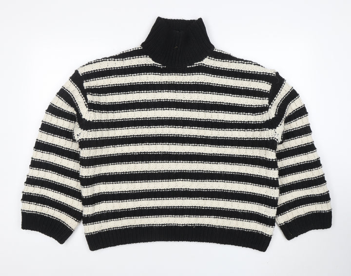 H&M Women’s Black White Striped Roll Neck Chunky Knit Jumper Size L