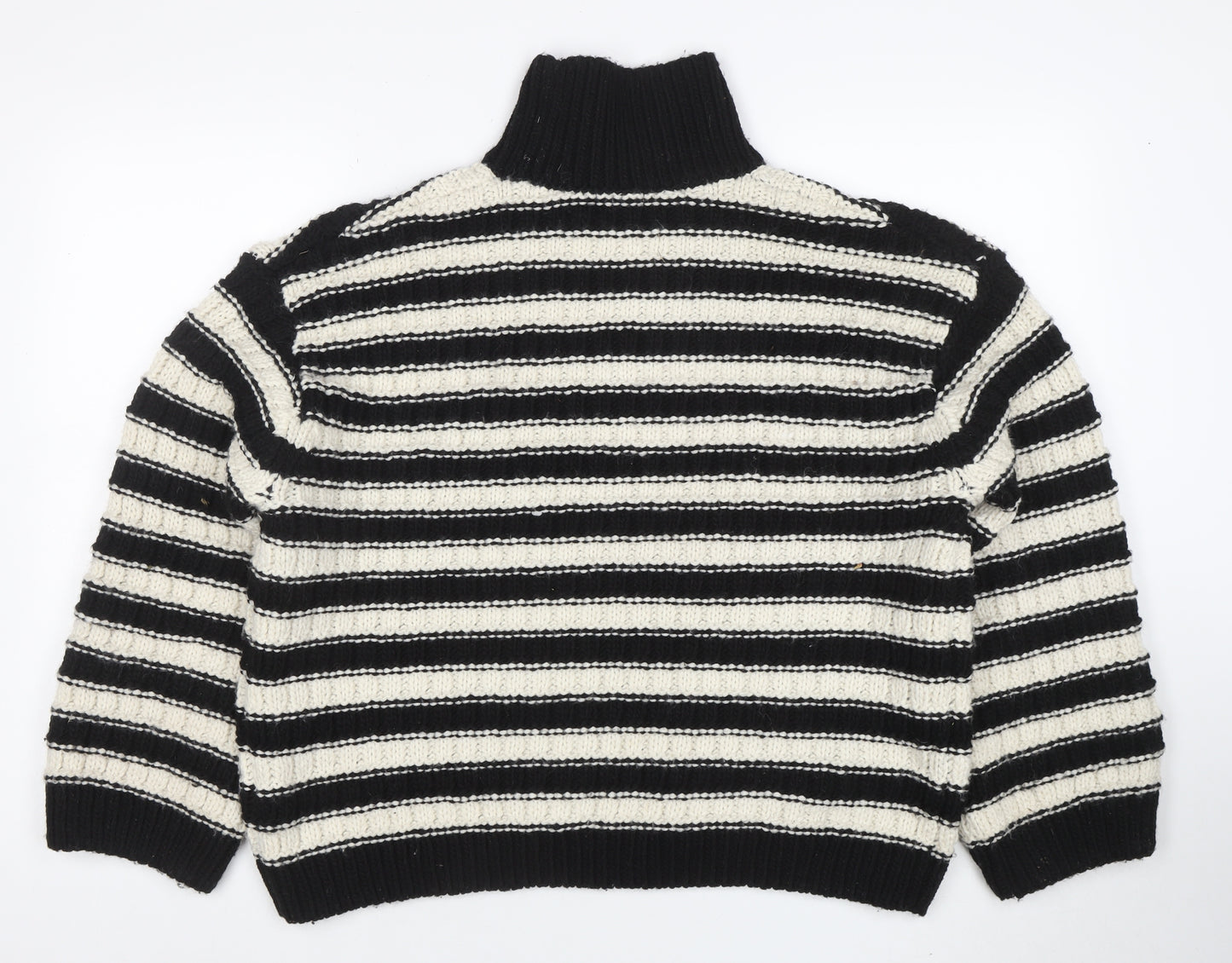 H&M Women’s Black White Striped Roll Neck Chunky Knit Jumper Size L