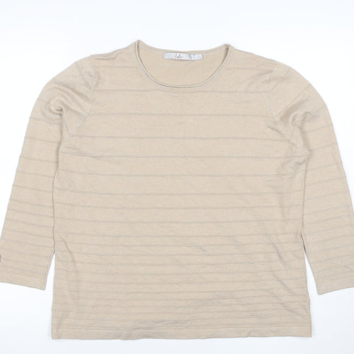 Isle Women Beige Striped Knit 3/4 Sleeve Crew Neck Top L