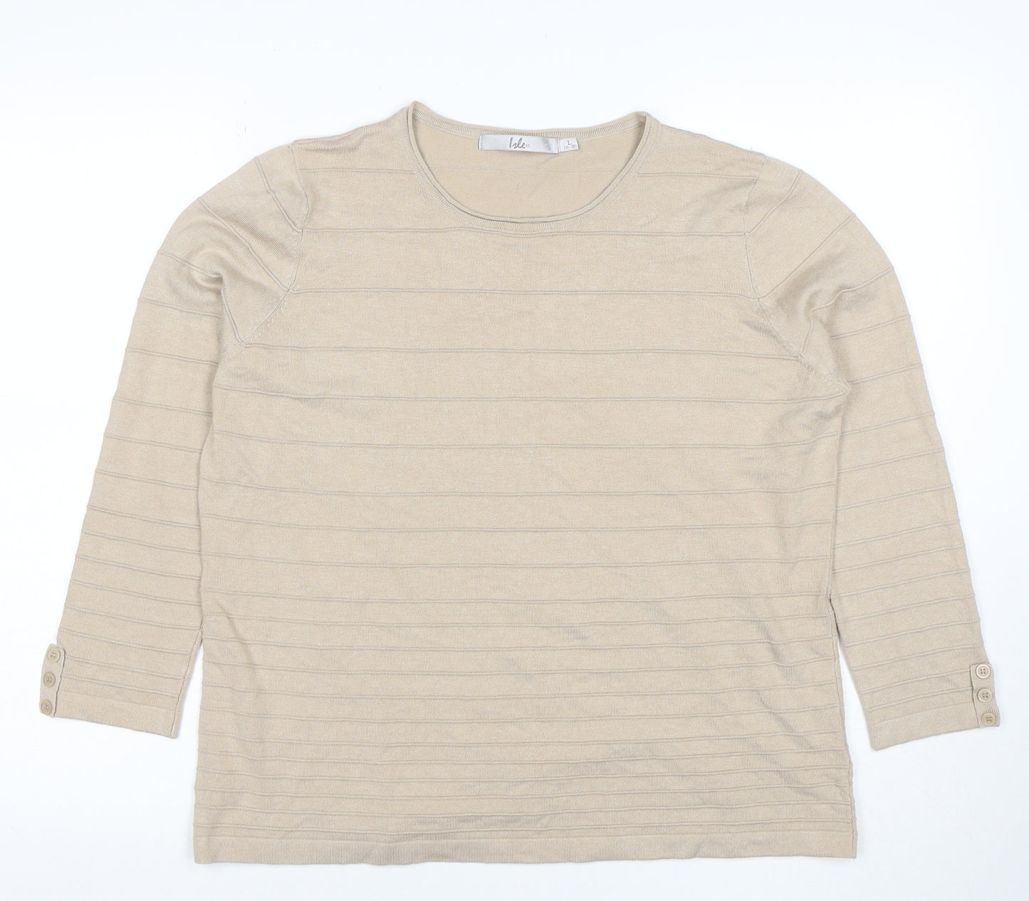 Isle Women Beige Striped Knit 3/4 Sleeve Crew Neck Top L