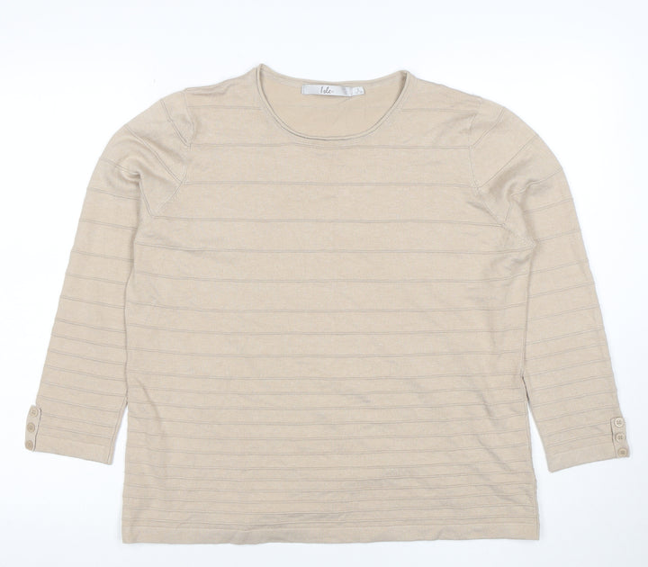 Isle Women Beige Striped Knit 3/4 Sleeve Crew Neck Top L