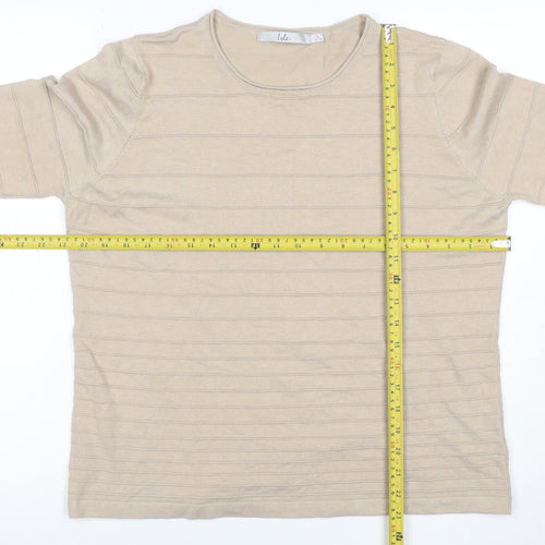 Isle Women Beige Striped Knit 3/4 Sleeve Crew Neck Top L