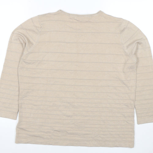 Isle Women Beige Striped Knit 3/4 Sleeve Crew Neck Top L