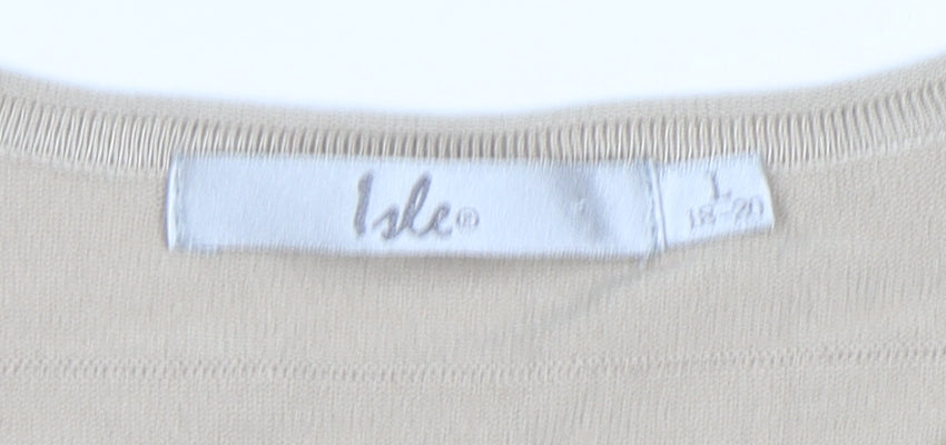 Isle Women Beige Striped Knit 3/4 Sleeve Crew Neck Top L