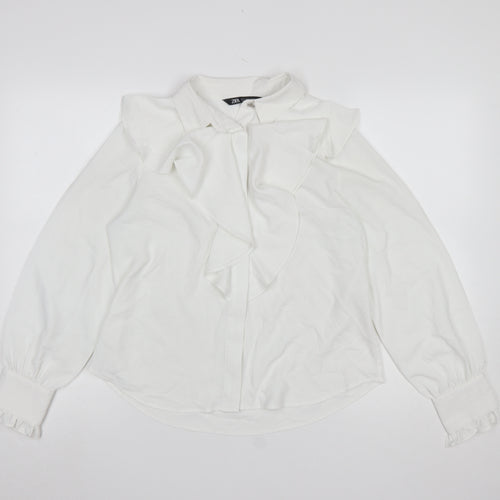 Zara Women White Ruffle Bow Long Sleeve Blouse Size S