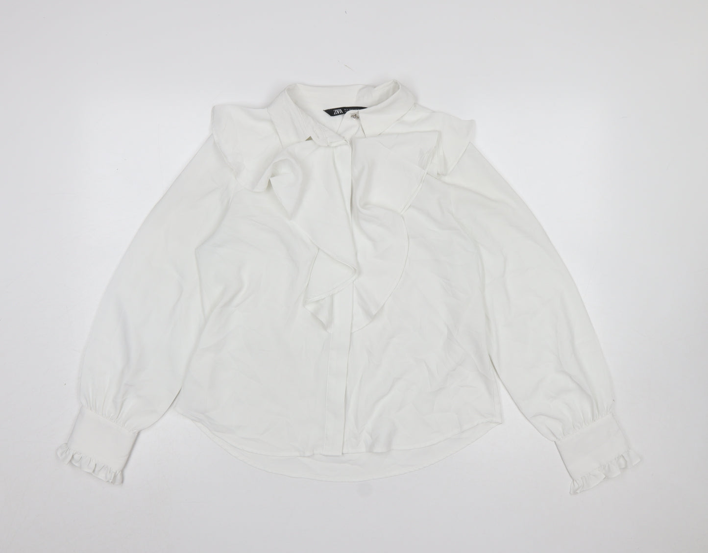 Zara Women White Ruffle Bow Long Sleeve Blouse Size S