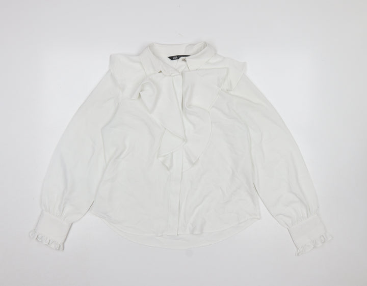 Zara Women White Ruffle Bow Long Sleeve Blouse Size S