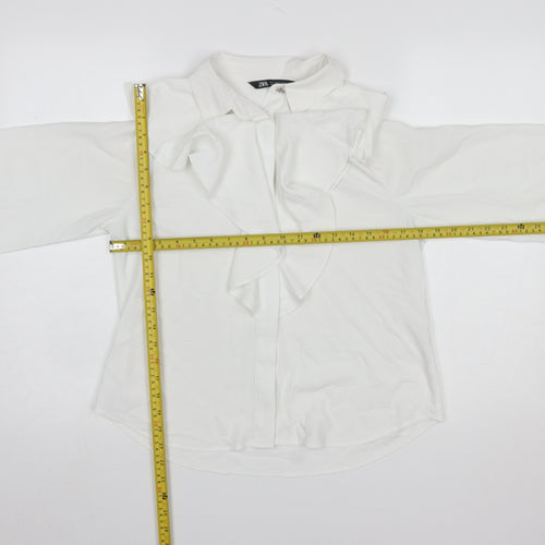 Zara Women White Ruffle Bow Long Sleeve Blouse Size S