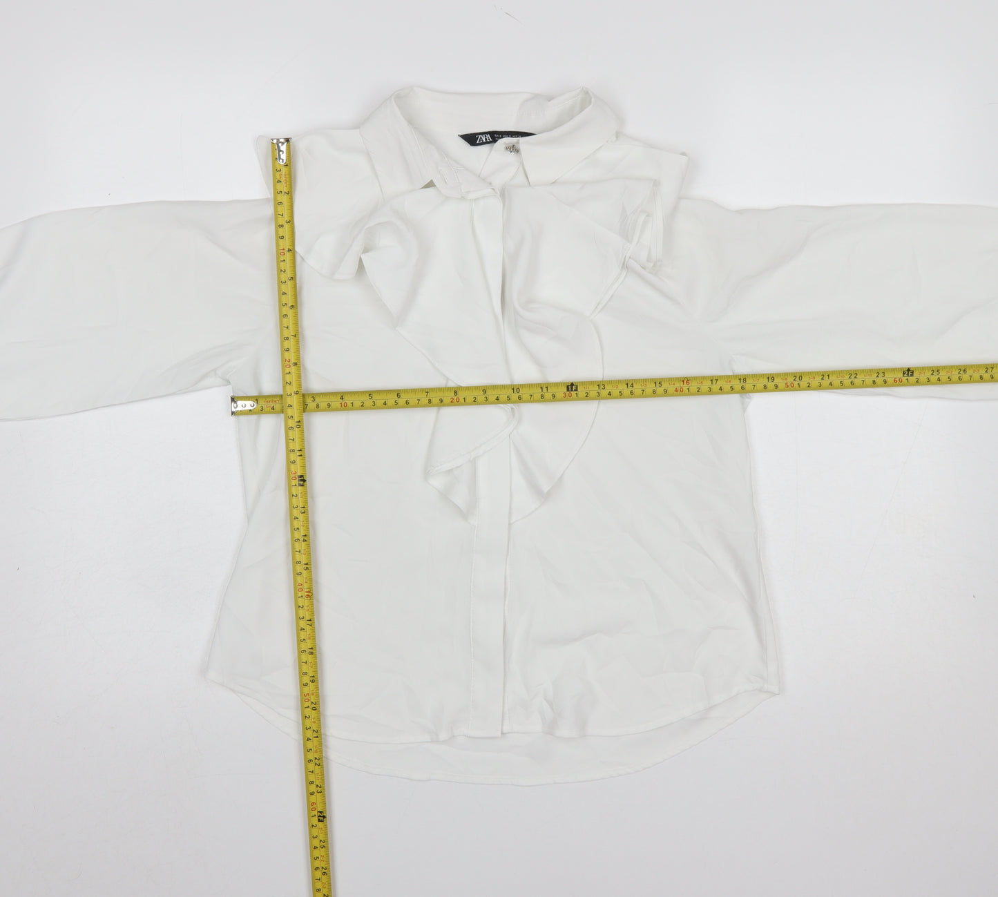 Zara Women White Ruffle Bow Long Sleeve Blouse Size S