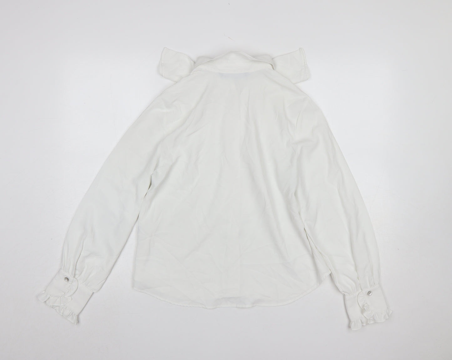 Zara Women White Ruffle Bow Long Sleeve Blouse Size S