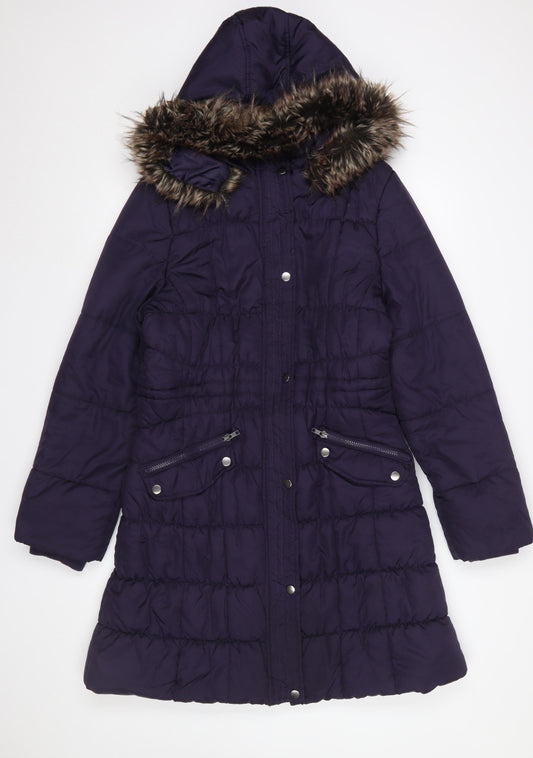 Dunnes Stores Women Purple Long Puffer Coat Size 14 Hooded Fur Trim