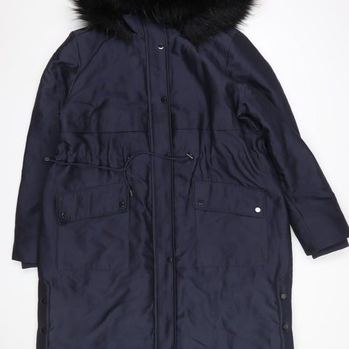 Oasis Women’s Blue XL Hooded Long Parka Coat with Faux Fur Trim
