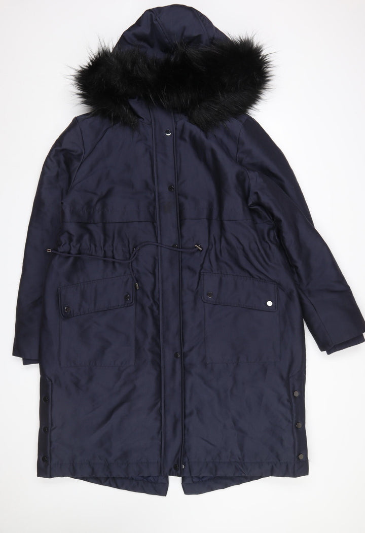 Oasis Women’s Blue XL Hooded Long Parka Coat with Faux Fur Trim