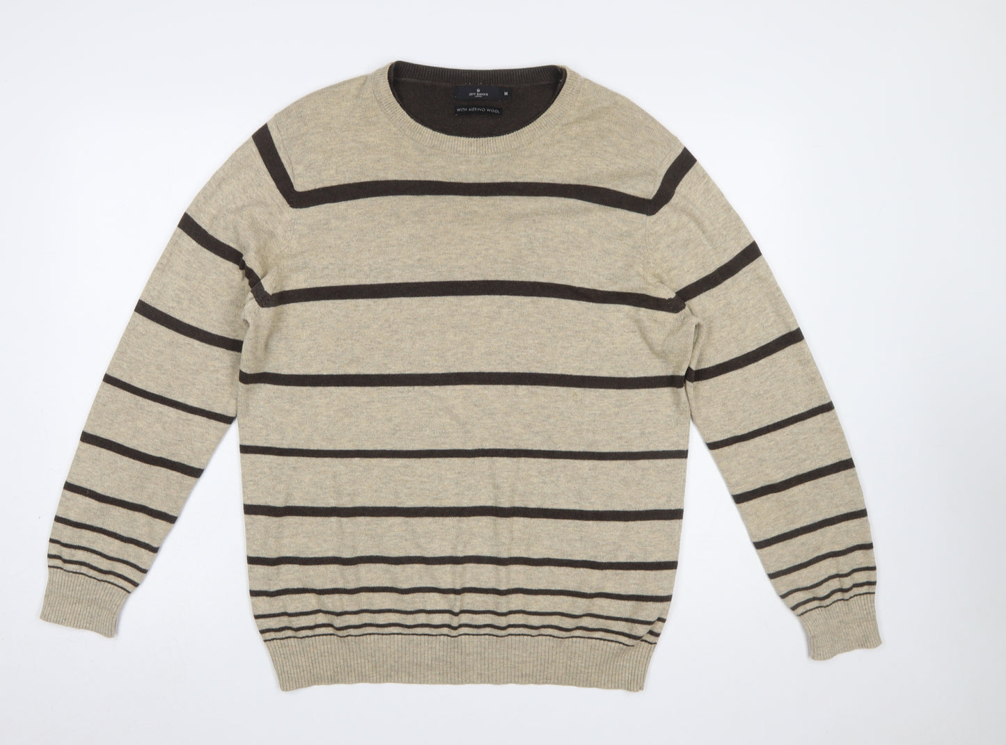Jeff Banks Men's Beige Striped Merino Wool Cotton Pullover Jumper M