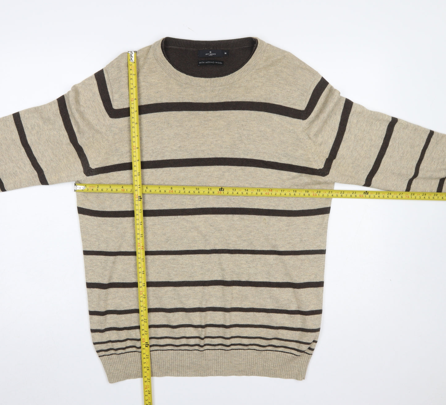 Jeff Banks Men's Beige Striped Merino Wool Cotton Pullover Jumper M