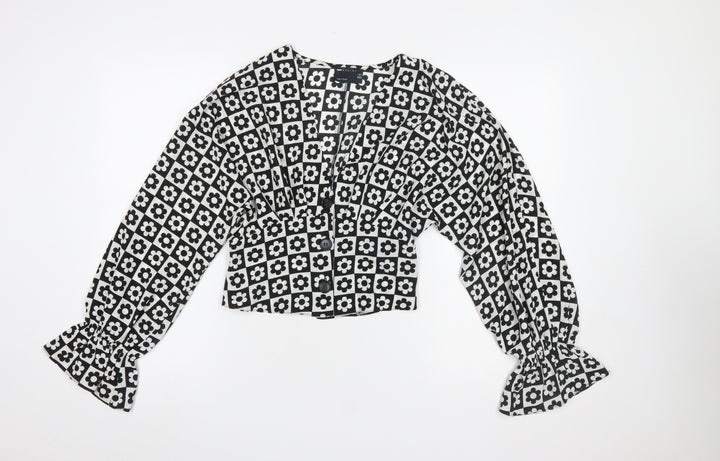 ASOS DESIGN Womens Black Floral Cropped Blouse UK 8 Long Sleeve