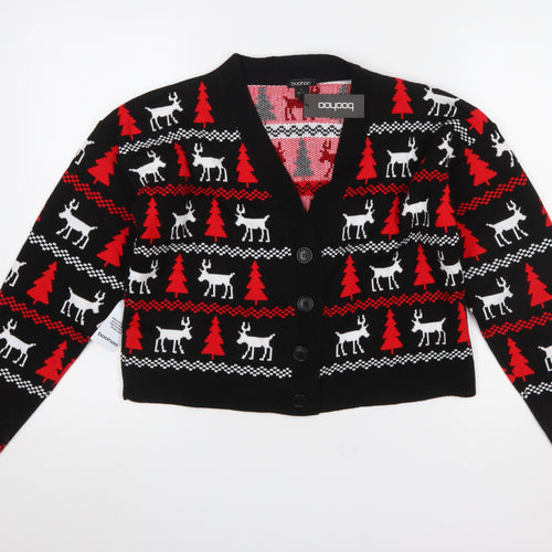 Boohoo Womens Black Christmas Reindeer Button Knit Cardigan Size S