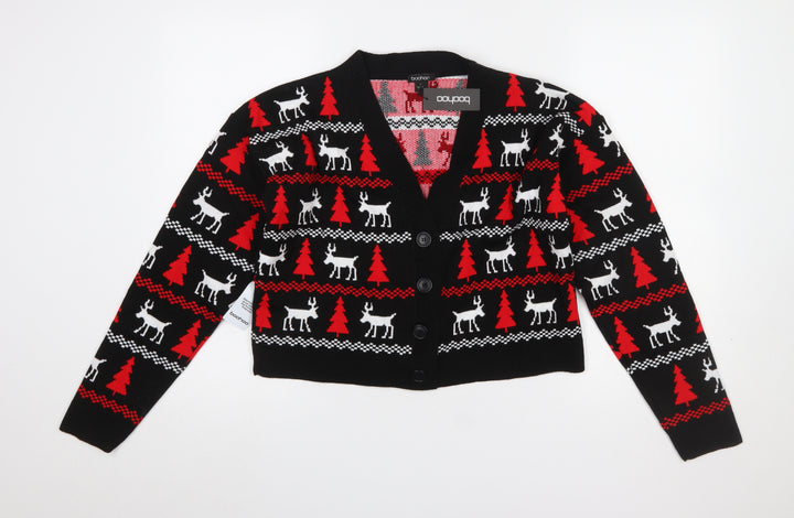 Boohoo Womens Black Christmas Reindeer Button Knit Cardigan Size S