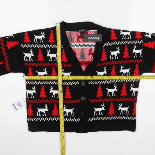 Boohoo Womens Black Christmas Reindeer Button Knit Cardigan Size S