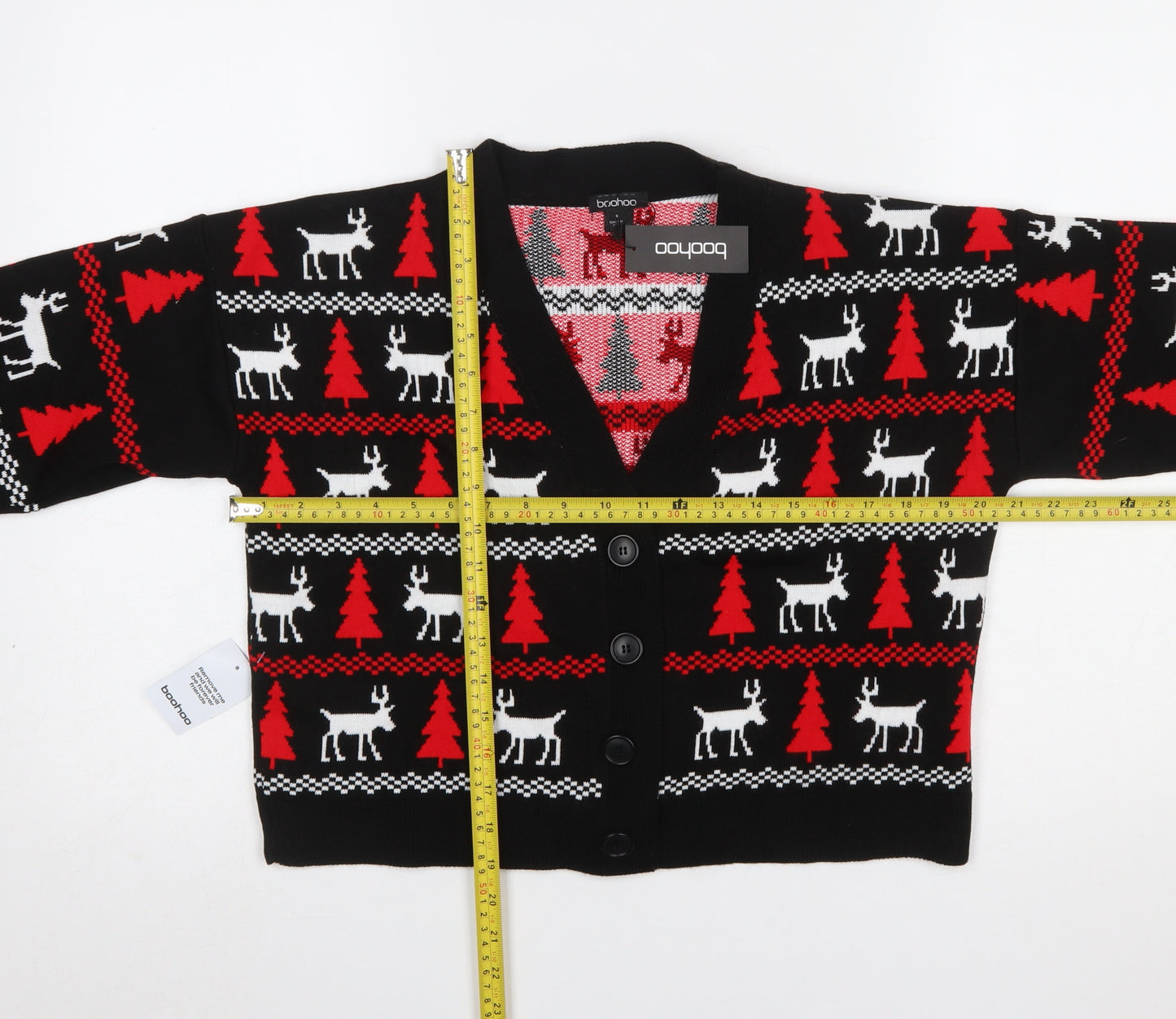 Boohoo Womens Black Christmas Reindeer Button Knit Cardigan Size S