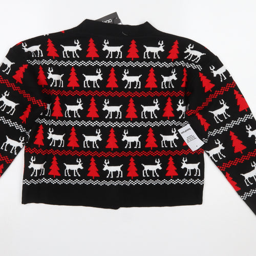 Boohoo Womens Black Christmas Reindeer Button Knit Cardigan Size S