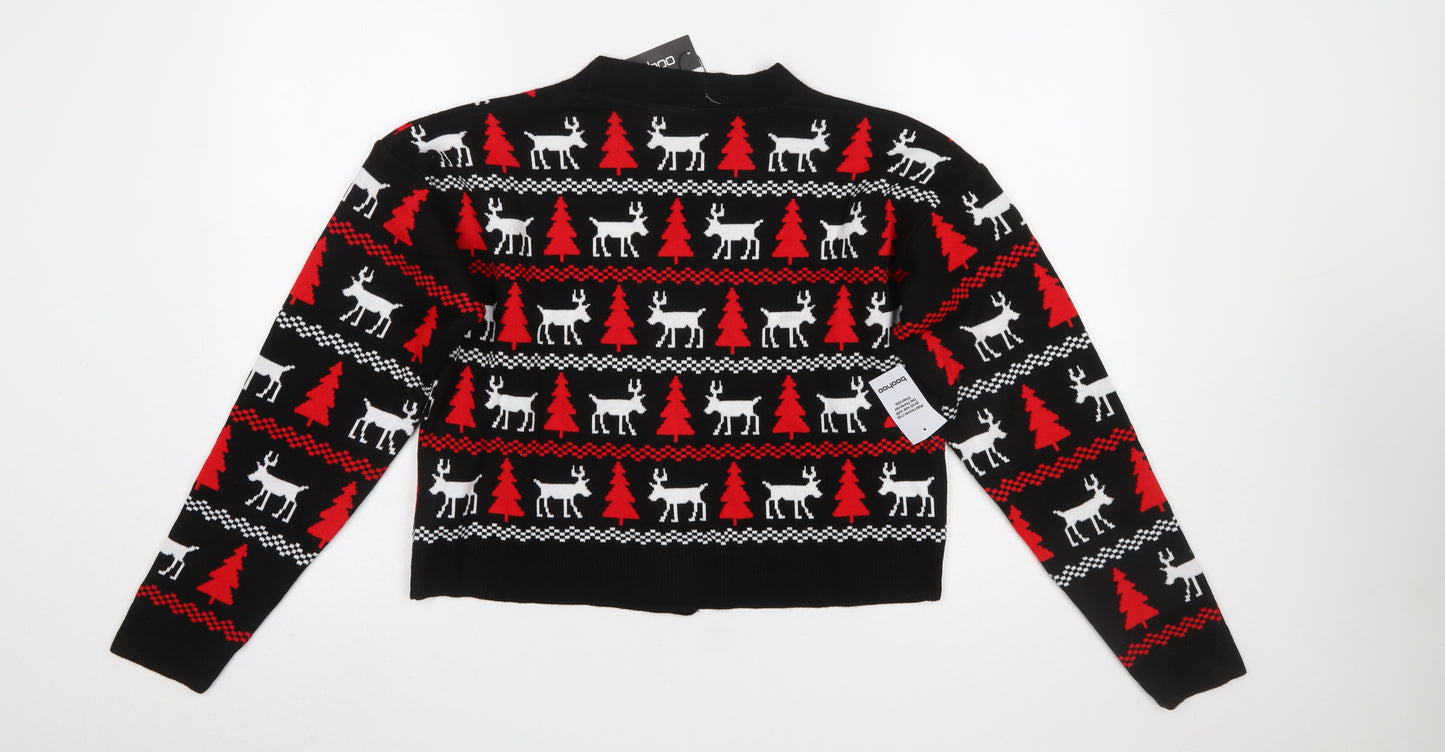 Boohoo Womens Black Christmas Reindeer Button Knit Cardigan Size S