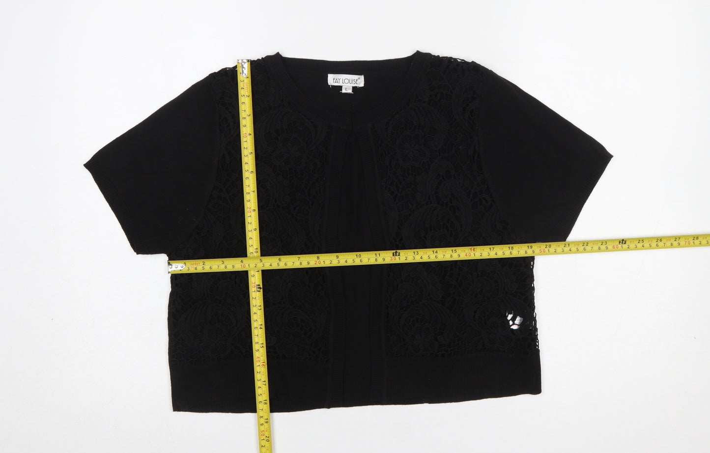 Fay Louise Women’s Black Lace Knit Short Sleeve Cardigan L