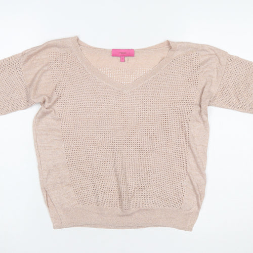 Next Women Beige Viscose Open-Knit Short Sleeve V-Neck Jumper Size 10