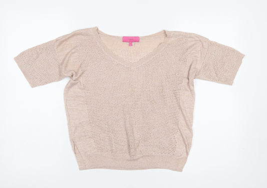 Next Women Beige Viscose Open-Knit Short Sleeve V-Neck Jumper Size 10