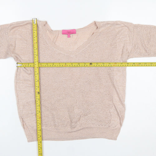 Next Women Beige Viscose Open-Knit Short Sleeve V-Neck Jumper Size 10