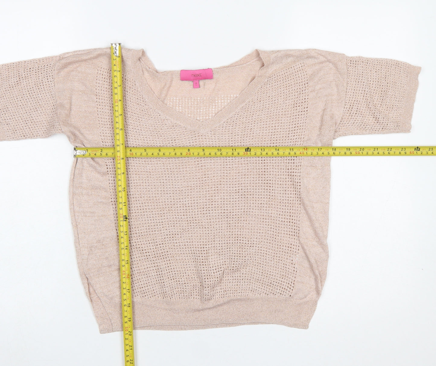 Next Women Beige Viscose Open-Knit Short Sleeve V-Neck Jumper Size 10