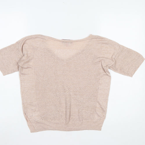 Next Women Beige Viscose Open-Knit Short Sleeve V-Neck Jumper Size 10