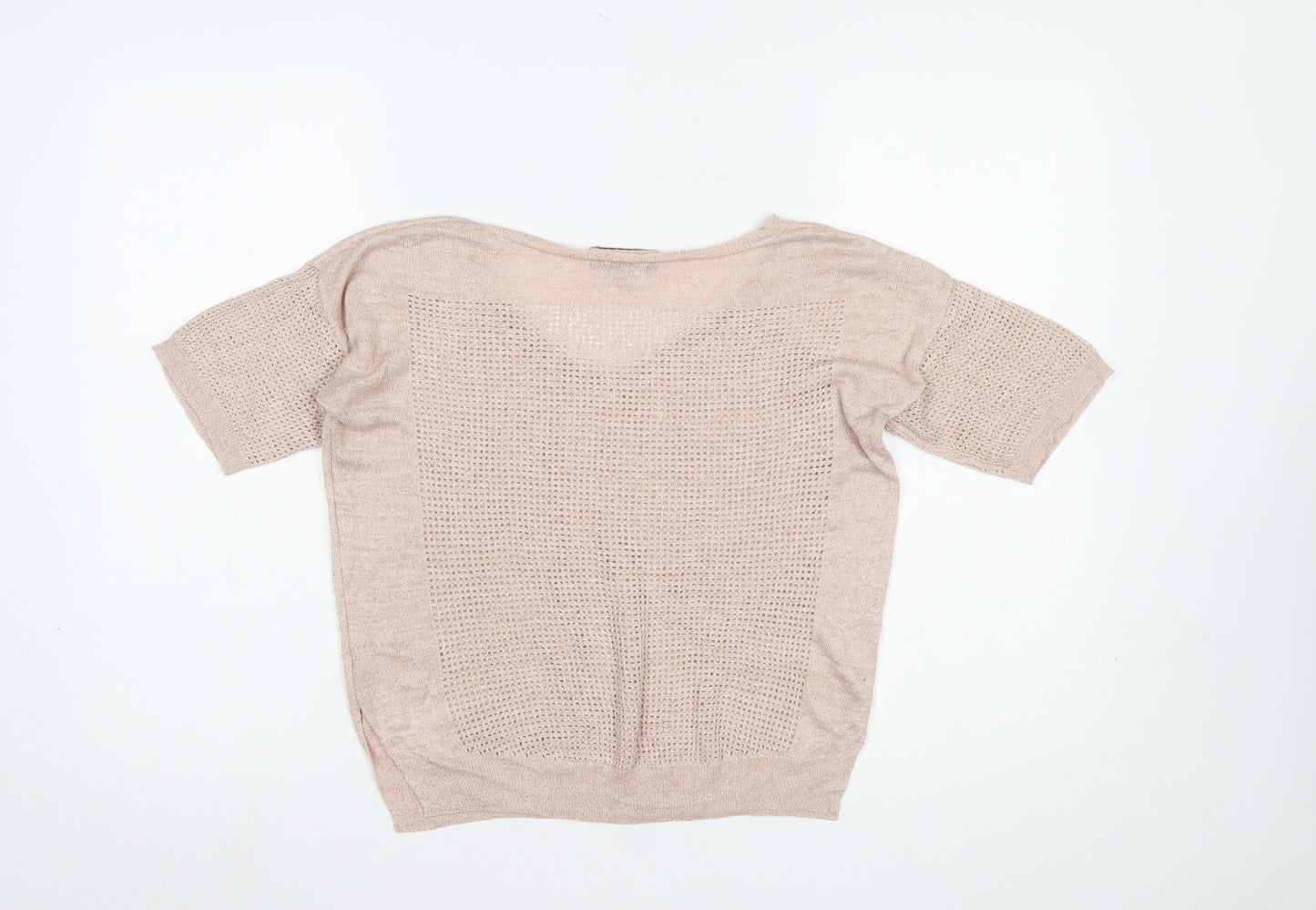 Next Women Beige Viscose Open-Knit Short Sleeve V-Neck Jumper Size 10