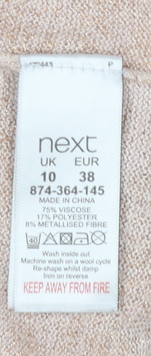 Next Women Beige Viscose Open-Knit Short Sleeve V-Neck Jumper Size 10