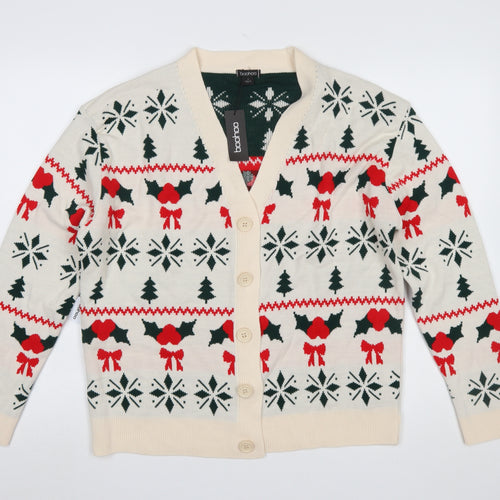 Boohoo Women Beige Christmas Fair Isle Cardigan Size S