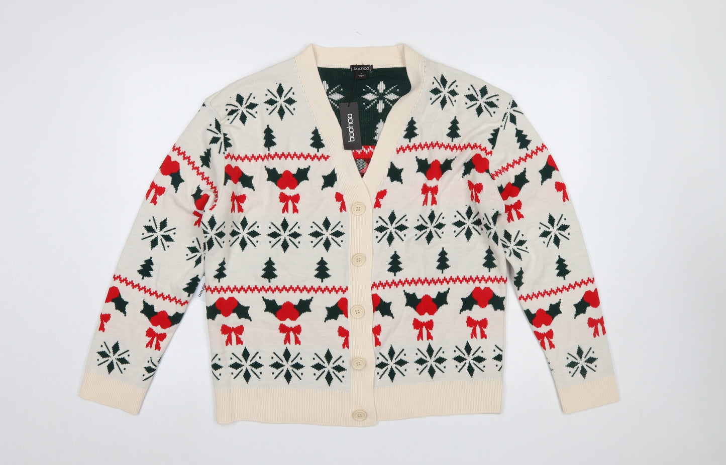Boohoo Women Beige Christmas Fair Isle Cardigan Size S