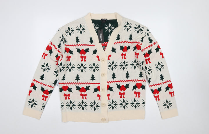 Boohoo Women Beige Christmas Fair Isle Cardigan Size S
