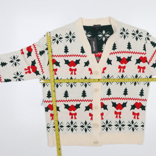 Boohoo Women Beige Christmas Fair Isle Cardigan Size S