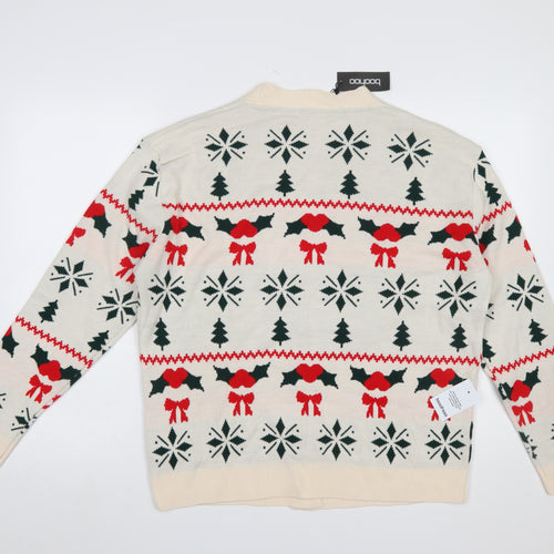 Boohoo Women Beige Christmas Fair Isle Cardigan Size S