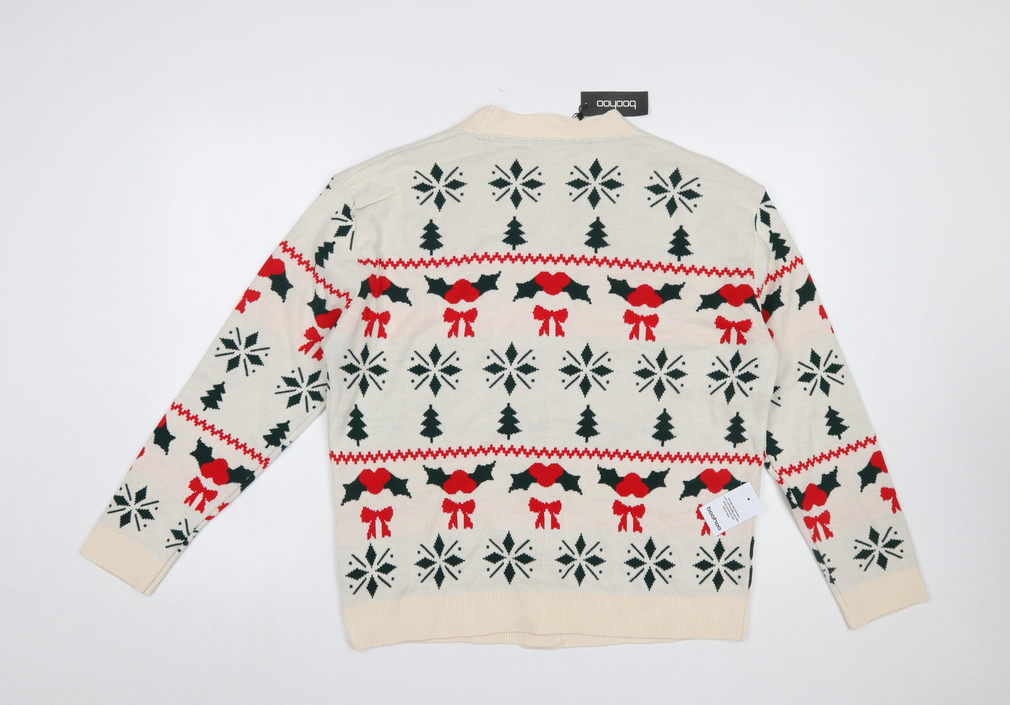 Boohoo Women Beige Christmas Fair Isle Cardigan Size S