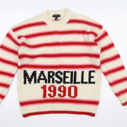 New Look Women's Cream Red Striped Marseille 1990 Knit Jumper Size S