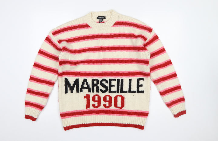 New Look Women's Cream Red Striped Marseille 1990 Knit Jumper Size S