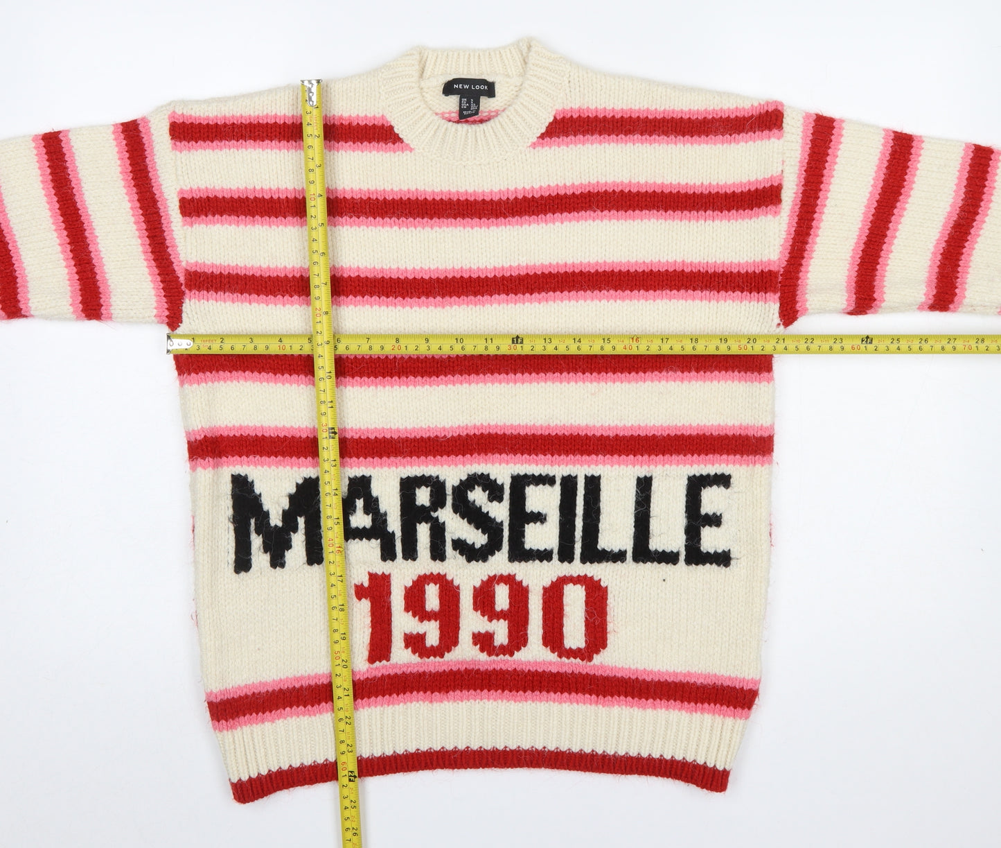 New Look Women's Cream Red Striped Marseille 1990 Knit Jumper Size S