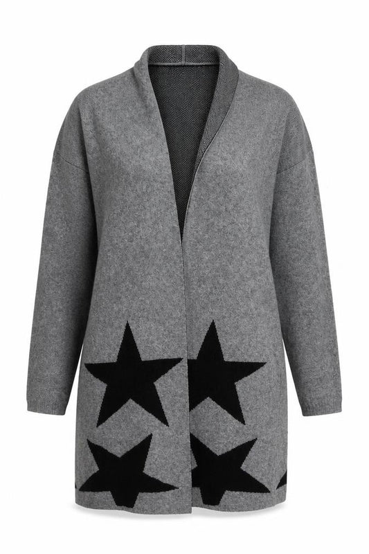 Front view of Benedetta B Women's Grey Merino Wool Mix Star Knit Open Cardigan M