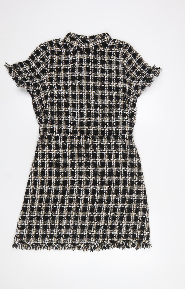 Primark Women Black Tweed Check Short Sleeve Shift Dress UK 14