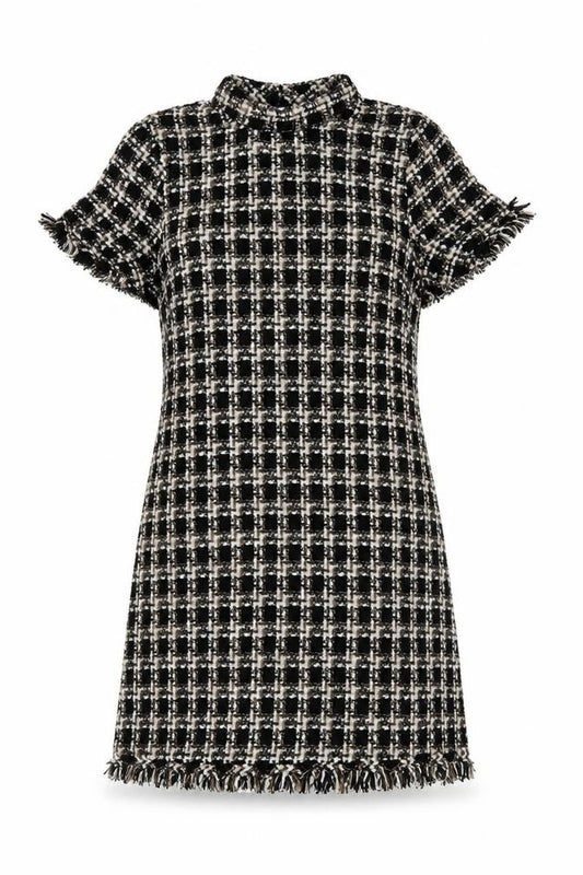 Front view of Primark Women Black Tweed Check Short Sleeve Shift Dress UK 14