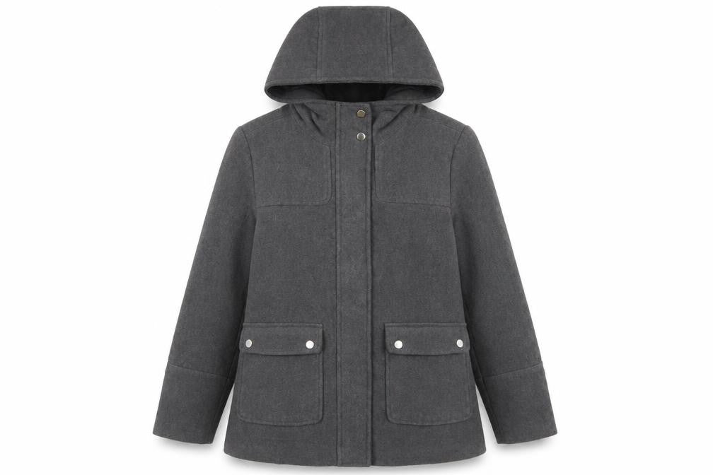 Front view of Atmosphere Women Grey Hooded Wool Blend Parka Coat, size 12